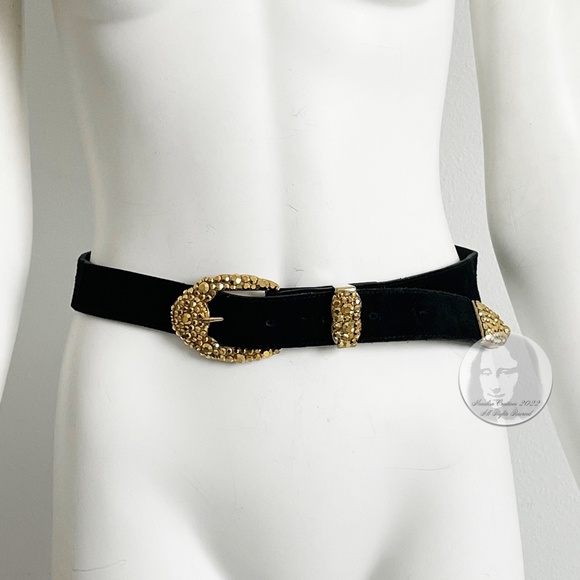 Michael Morrison Belt Embellished Gold Rhinestones Black Suede Leather Vintage - Picture 3 of 12